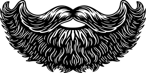 Curly stylish beard with mustache, cut out. Rugged Dark Bushy Beard with Thick Mustache: Viking-Inspired Theatrical Costume Piece.