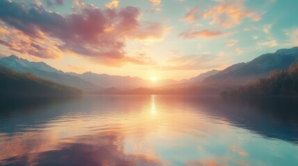 Fototapeta premium Serene lake at sunrise, reflecting mountains and colorful clouds in tranquil waters.