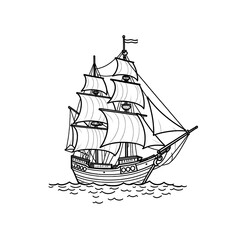 Classic Sailing Ship Line Art Illustration Print