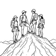 Fototapeta premium Hikers Reaching Mountain Peak Success Teamwork Adventure