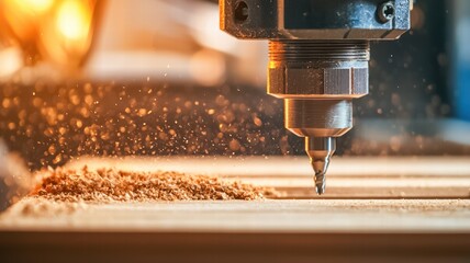 A close-up of a CNC machine carving into wood, showcasing the precision of modern woodworking technology with sawdust flying.