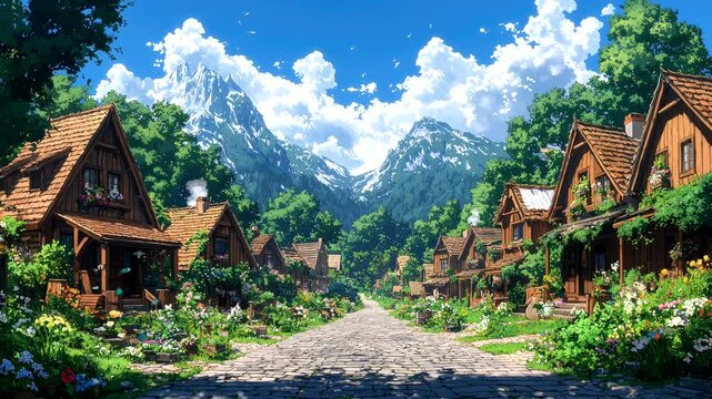 Picturesque village with charming cottages and towering mountain backdrop on a sunny day, seamless looping 4k time-lapse animation video background. Rural concept