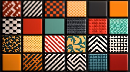 Obraz premium Colorful Geometric Patterns Array with Various Textures and Designs for Creative Projects