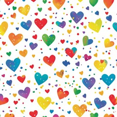 Rainbow Hearts Pattern: A cheerful and vibrant seamless pattern featuring colorful watercolor hearts scattered on a background, perfect for Valentine's Day, wedding invitations.