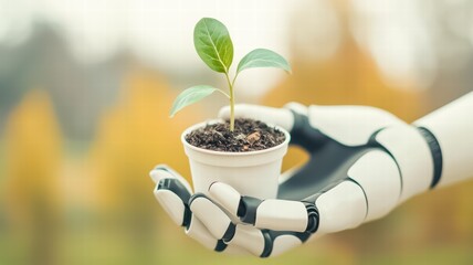 A robotic hand gently holds a small potted plant, symbolizing the fusion of technology and nature in a serene outdoor setting.