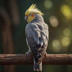 Obraz premium Kaka New Zealand Endemic Parrot Cockatiel (Nymphicus hollandicus) portrait of a parrot A cockatoo with its crest raised, illuminated by golden sunlight filtering through thick foliage.