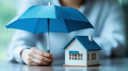 A hand holding a small model house with a blue umbrella above it home insurance concept 