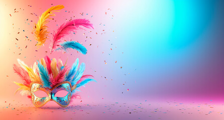 Obraz premium Fondo para cartel de carnaval con Máscara y plumas de colores