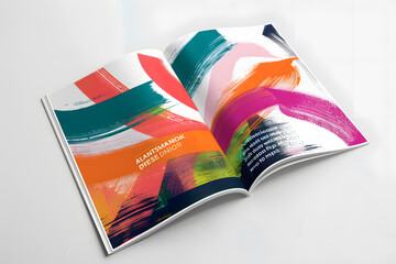 A stylish magazine mockup showcasing vibrant and modern cover designs, clean lines, high-resolution graphics, dynamic color contrasts, sharp typography, photorealistic lighting. Generative Ai.
