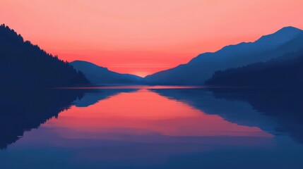 Obraz premium Serene sunset over a tranquil lake, reflecting colorful hues and mountain silhouettes.