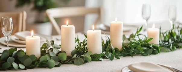 Minimalist tabletop centerpiece with candles and natural greenery.