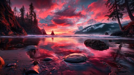 Vibrant sunset over coastal rocks, ocean reflection, dramatic sky, tranquil beach scene