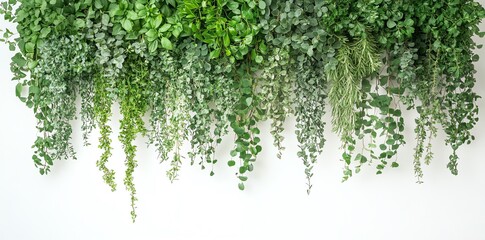 Obraz premium Lush green foliage cascading down a white wall, creating a natural and vibrant backdrop.