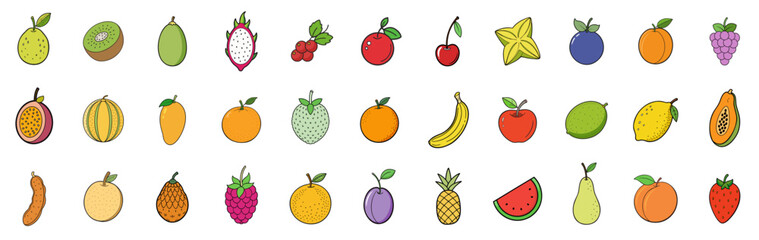 Fruits icons. Set of color icons of fruits and berries. Fruits and berries symbols. Vector illustration