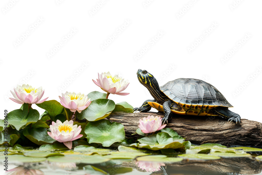 Poster turtle basking on a log surrounded by blooming lotus flowers in a serene setting isolated on transpa