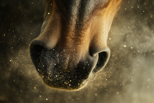 Close-up of a horses muzzle with fine dust particles floating in the air, highlighting intricate textures and natural beauty.  
