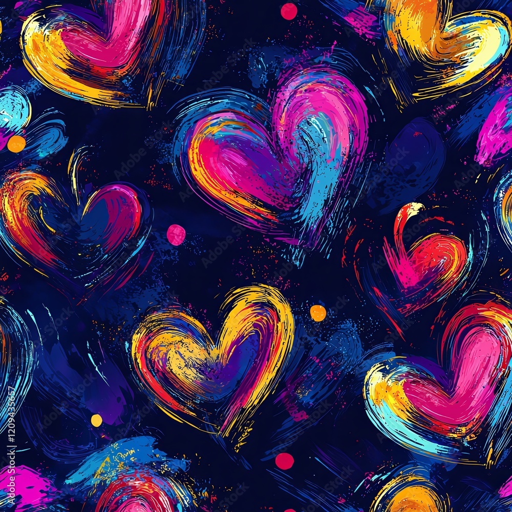 Poster vibrant hearts abstract: a dynamic and colorful seamless pattern featuring expressive brushstroke he