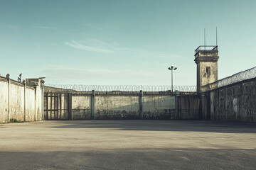 An empty prison yard surrounded by high concrete walls topped with barbed wire, featuring a watchtower under a clear sky.  
