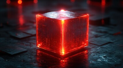 Red glowing cube, dark tech surface, futuristic background, digital art