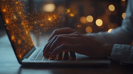 A businessman uses a laptop computer with a digital icons