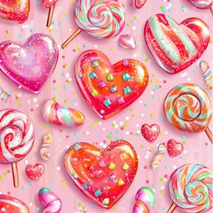Sweetheart Candy Pattern: A delightful seamless pattern featuring an array of vibrant heart-shaped lollipops and swirl lollipops, scattered with sprinkles on a soft pink background.