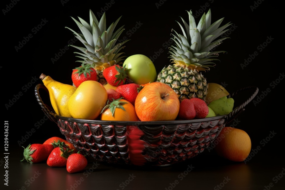 Poster colorful mix of ripe fruits overflowing from wicker basket, creating a vibrant display against a dar