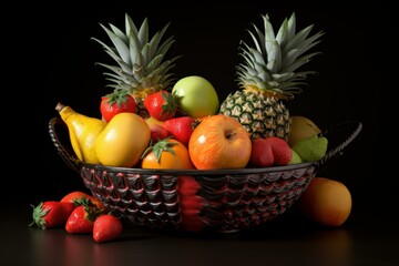Colorful mix of ripe fruits overflowing from wicker basket, creating a vibrant display against a dark backdrop