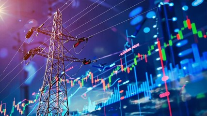 Electricity Tower and Stock Market Data Analyzing Energy Investment Growth and Financial Trends in Energy Sector - Powered by Adobe