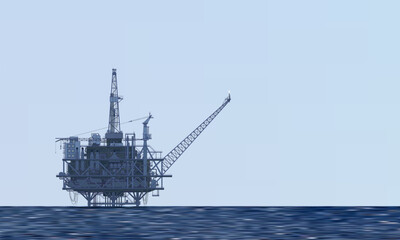 Offshore drilling rig, platform in the sea. Background gray blue sky. Offshore crude oil production, industry, business. Silhouette, seascape. Carbon energy. Vector illustration