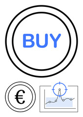 Large blue Buy text in a circle, euro symbol in a ring, and framed graph with a targeting mark. Ideal for finance, investments, trading, e-commerce, marketing, fintech services purchasing