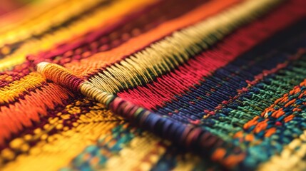 Colorful woven textile, intricate texture, vibrant threads.