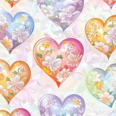 Floral Heart Pattern: A delicate and romantic pattern featuring shimmering glass hearts adorned with intricate floral designs in vibrant hues, creating a delightful visual symphony of love and beauty.