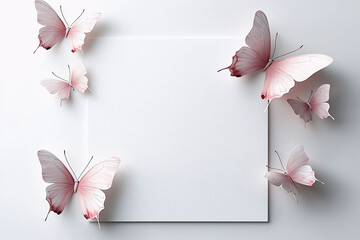 White blank invitation card and pink butterflies on a white background