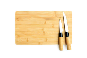 Cutting board and knife isolated on white background, Kitchenware of Bamboo Product