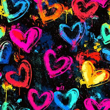 Fototapeta Neon Hearts Graffiti: A vibrant, energetic seamless pattern featuring bold, hand-painted hearts in a graffiti style, splashed across a dark background.  The design is perfect for fashion, textiles.