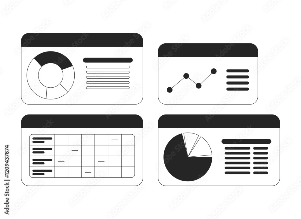 Poster business dashboard with pie charts and graphs black and white 2d line objects set. data analysis, an