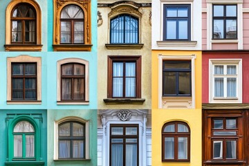 Fototapeta premium Multicolored building facade with diverse windows.