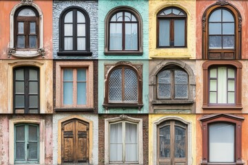 Fototapeta premium Collage of aged, arched windows, doors, varied colors.