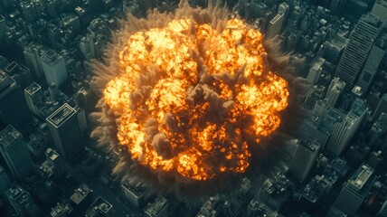 A dramatic explosion erupts above a cityscape, showcasing a massive fireball surrounded by smoke and debris.