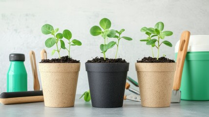 Obraz premium Three small potted plants with green leaves, placed on a light surface, surrounded by gardening tools and containers.