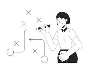 Asian business woman planning strategy flowchart black and white 2D line character. Critical thinking. Problem-solving businesswoman isolated vector outline person. Monochromatic spot illustration