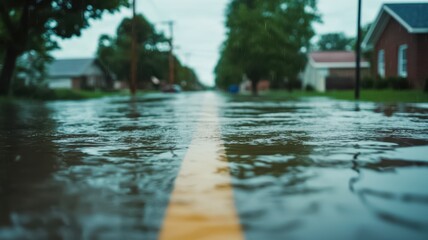 A flooded street scene with reflections of trees and houses, showing standing water covering the road after heavy rainfall.