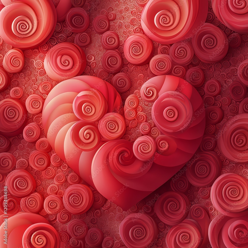 Poster heart of roses: a mesmerizing 3d rendering of a heart formed by intricately swirling rose patterns, 