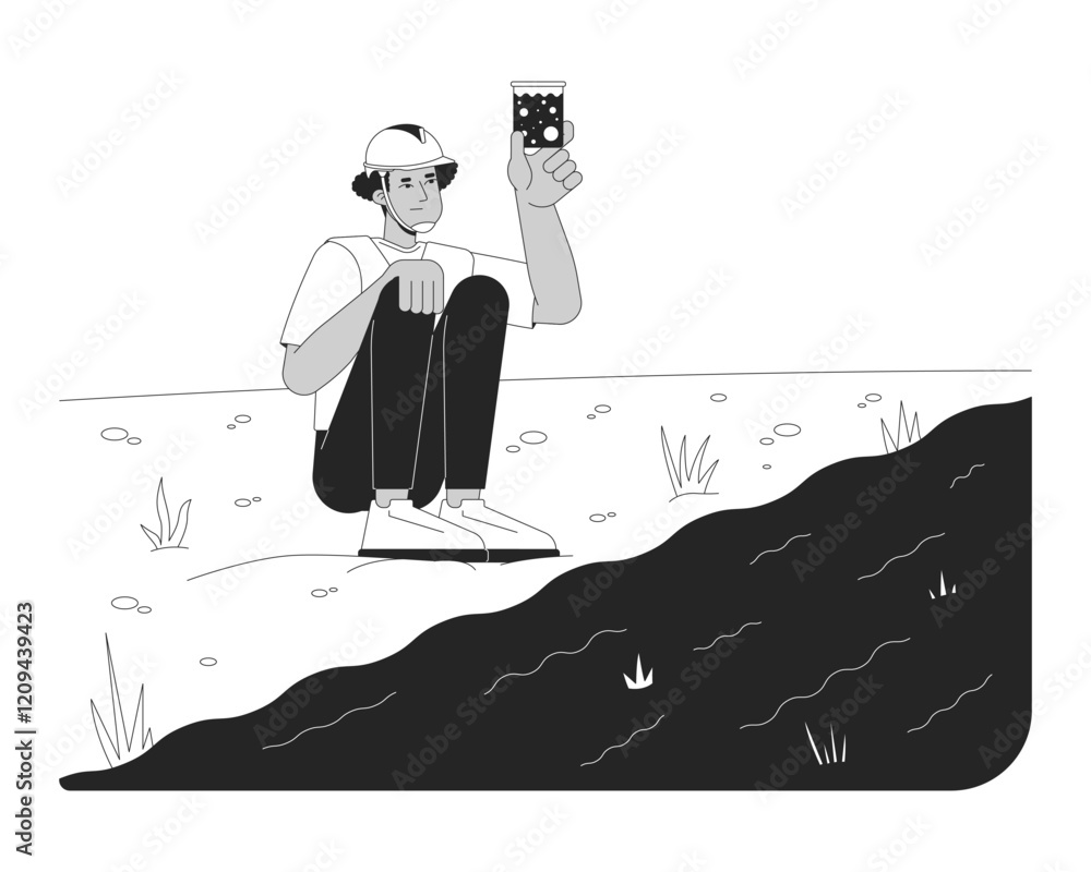 Poster field worker testing river water quality linear illustration. fieldwork. environmental scientist wat