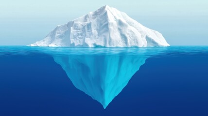 A large iceberg rises majestically above the ocean surface, with a significant portion submerged beneath the water, showcasing its immense size and beauty.