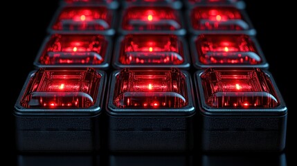 Red glowing server array, dark background, data center