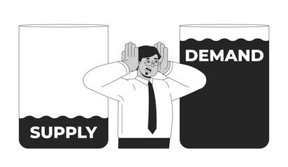Water supply and demand crisis black and white 2D illustration concept. Resource scarcity issue. Professional man stressed about imbalance outline character isolated. Metaphor monochrome vector art