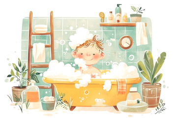 Delight in a whimsical bath scene with this charming artwork of a joyful child surrounded by bubbles and plants