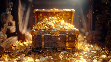 Treasure chest overflowing with shimmering gold coins in a dimly lit cavern