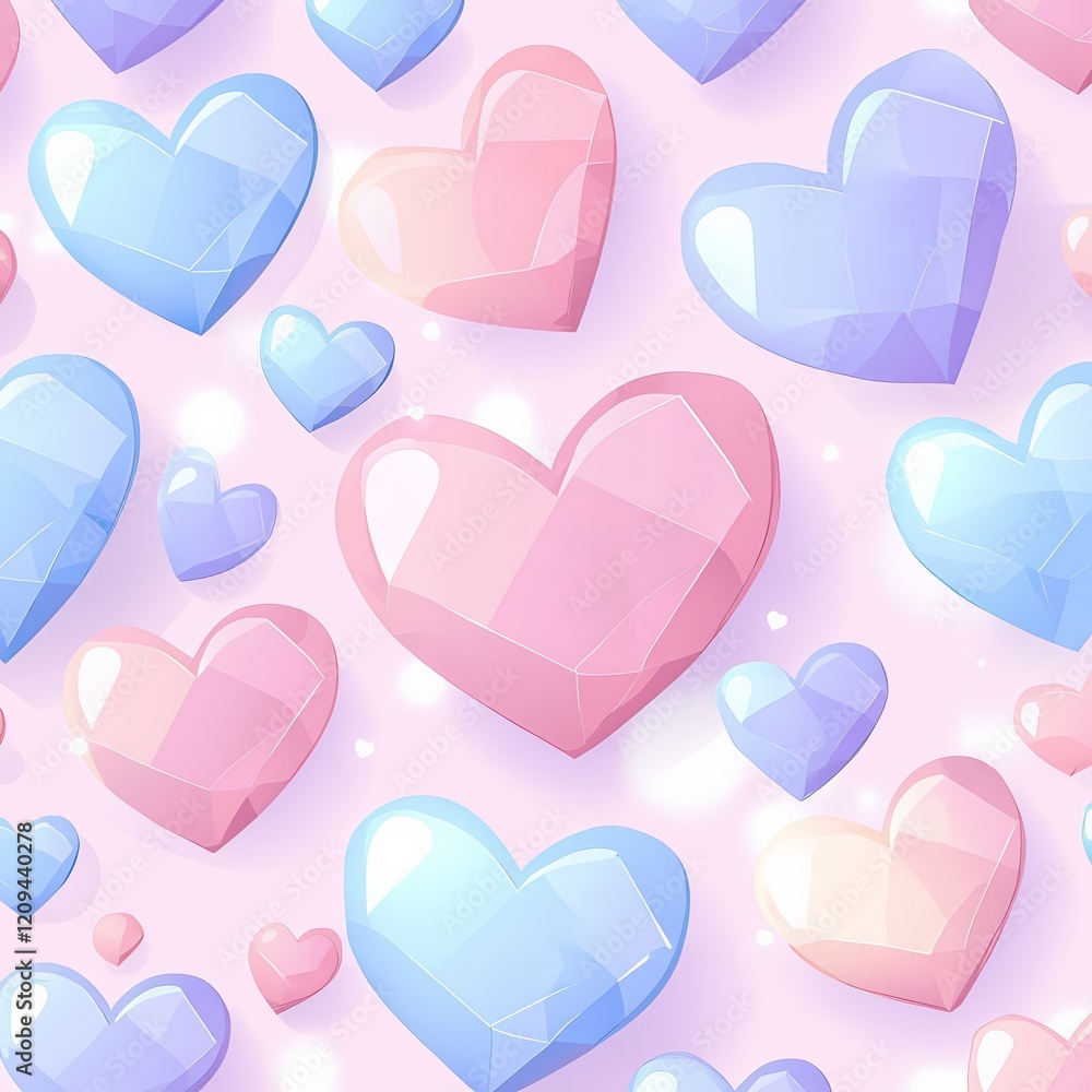 Poster pastel hearts pattern: a charming seamless pattern featuring an array of pastel-colored,faceted hear